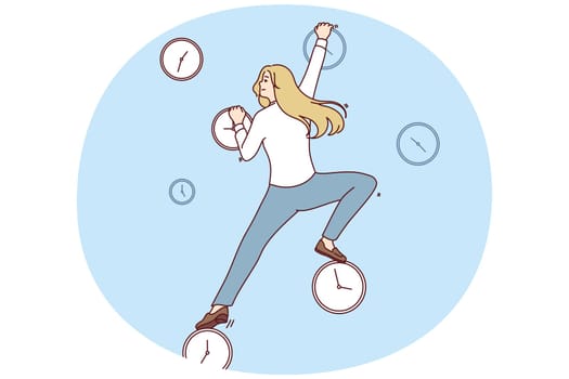 Purposeful woman freelancer climbs up clock wanting to get work done and meet tough deadlines on time. Freelancer is engaged in time management to complete orders and get satisfied customers