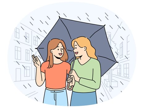 Smiling girlfriends walking under umbrella on city street. Happy friends walk in rain enjoy talk or chat on weekend. Friendship. Vector illustration.