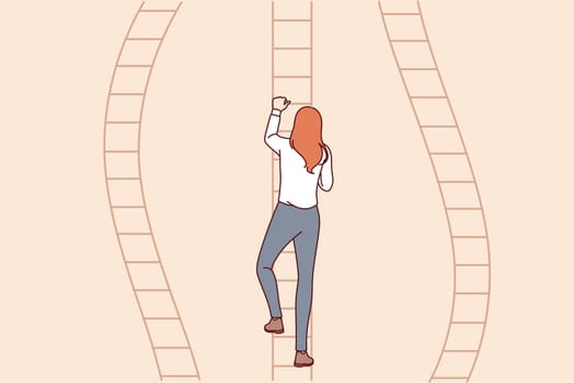 Progress woman climbs career ladder, choosing most promising path to achieve business success. Girl progress on professional path, thanks presence of motivation and ambition on way to goal
