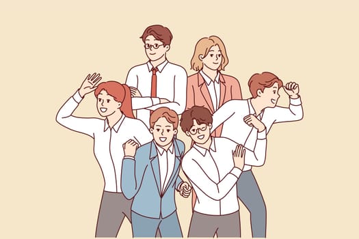 Team of business people smile and look in different directions in search of new opportunities. Business communities demonstrate unity and synergy thanks to friendly teamwork on tasks