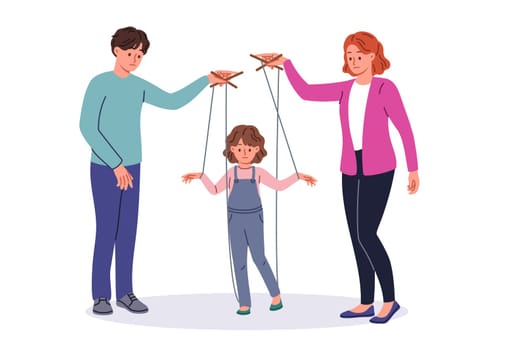 Bad parents manipulate child using strings of puppeteers to raise unhappy daughter. Married couple manipulate kid, causing negative impact on psyche and destroying little girl future.