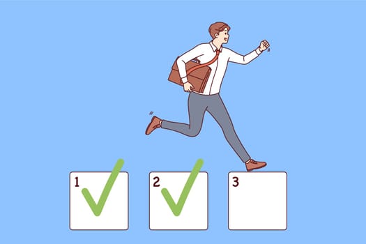 Business man is engaged in task management and marking already completed projects, running through checkboxes with ticks. Manager prioritizes jobs using task management and planning