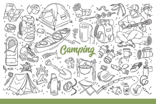 Camping equipment for hiking and active tourism to maintain health. Clothes and tools for camping near tents for spending night in forest and boats for fishing or hunting. Hand drawn doodle