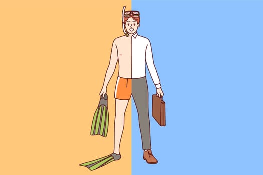 Man dressed in vacation clothes and business suit at same time, dreaming of quick summer sea voyage. Businessman with hobby of diving calls for swimming and sunbathing on beach during vacation