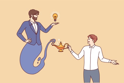 Business man releases genie from jug to get idea for developing company or attracting clients. Genie or aladin grants wish of office employee looking for ways to grow and prosper in career
