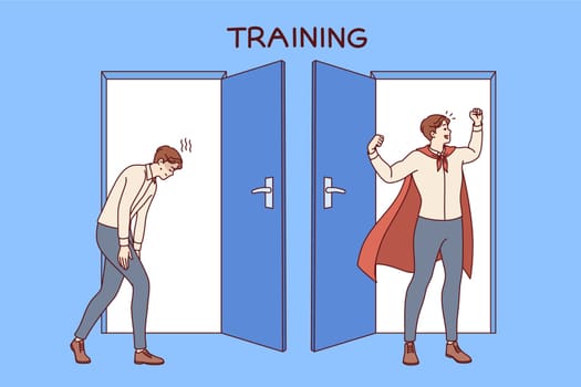 Weak man underwent business training and became superhero thanks to charge of motivation, standing near open doors. Training for office clerks who need to increase work efficiency.