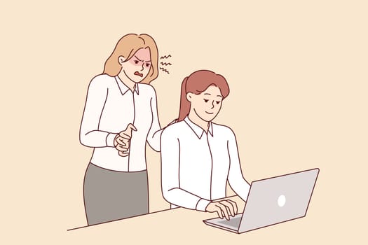 Irritated woman manager scolds subordinate employee working with laptop, for workplace bullying concept. Nervous boss demands to exceed plan, resorting to bullying for achieve business goal
