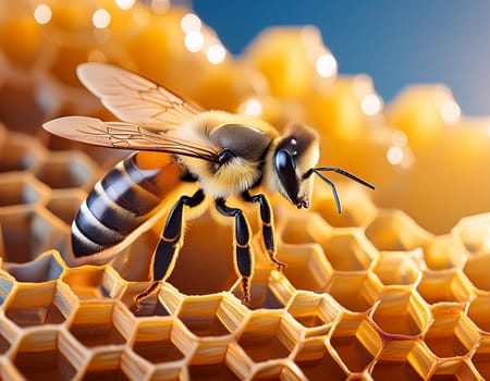 3D Bee Vibrant in Flight Above Hive Cells, Symbol of Industry and Abundance