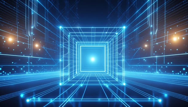 3d Render, Blue neon light square with digital technology light background, futuristic