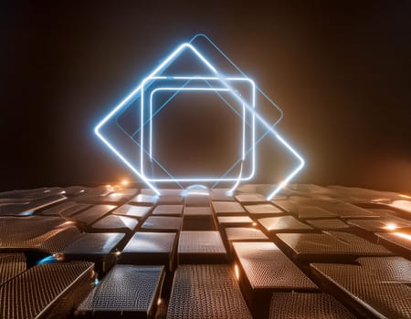 3d Render, Blue neon light square with digital technology light background, futuristic