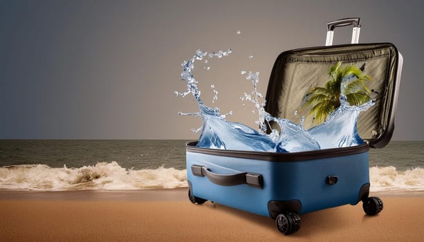 3D render, Blue suitcase with water splash and travel Summer elements in holiday