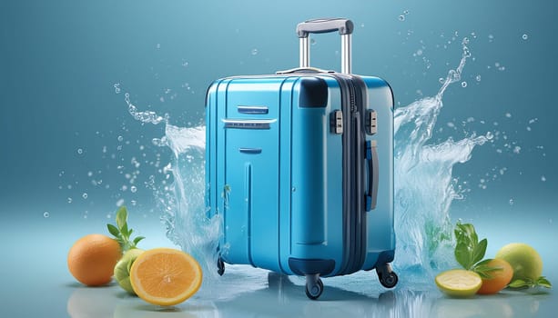 3D render, Blue suitcase with water splash and travel Summer elements in holiday