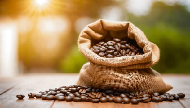 A burlap sack filled with roasted coffee beans, spilling over onto a wooden table, with sunlight shining through in the background.