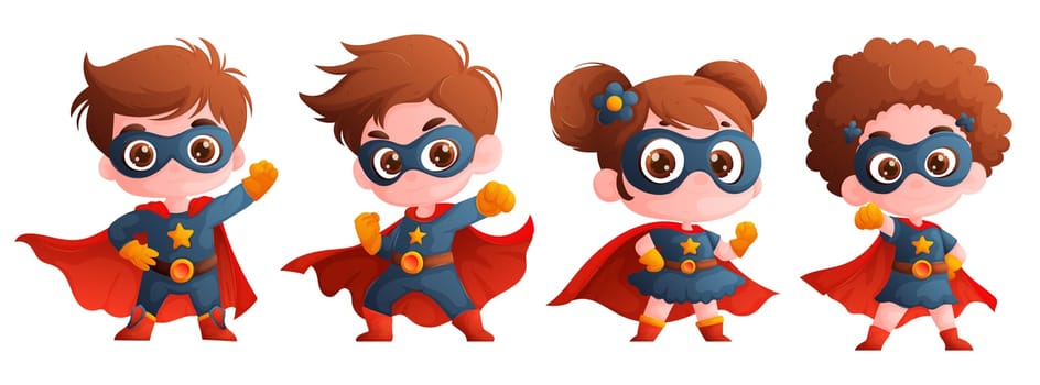 Adorable kids superheroes in costumes with capes - boys and girls wearing masks and red capes - perfect illustration for childrens books