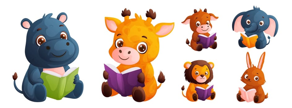 Adorable cartoon animals with books. Hippopotamus, giraffe, calf, elephant, lion and rabbit, perfect illustration for childrens books