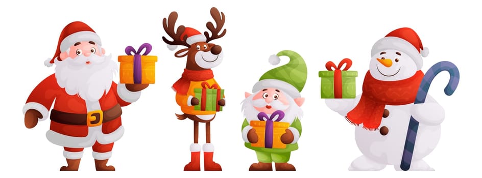 Santa Claus, reindeer, elf and snowman with Christmas gifts are holiday characters in New Years costumes.