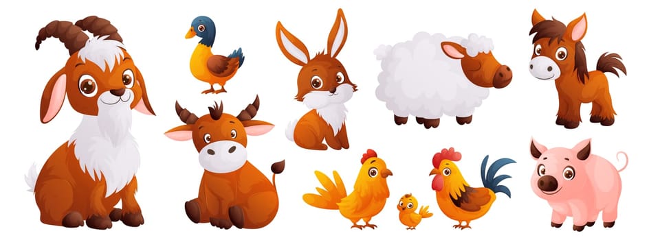 Cute cartoon pets - goat, duck, rabbit, sheep, pony, calf, rooster with hen and pig - perfect illustration for childrens books