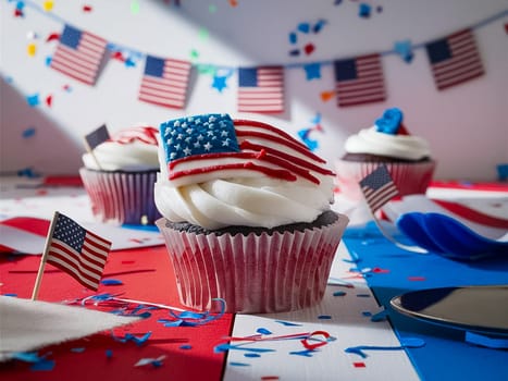 Patriotic Dessert Celebrate Independence Day with a Cupcake. Independence Day Cupcake Sweet Patriotic Celebration. 4th of July cupcake with flags and sprinkles. Cupcake. American Flag. US Holidays. Cake on 4th of July, Independence, Presidents Day. Tasty cupcakes with white cream icing and colored stars sprinkles. USA patriotism. Sweet dessert.﻿