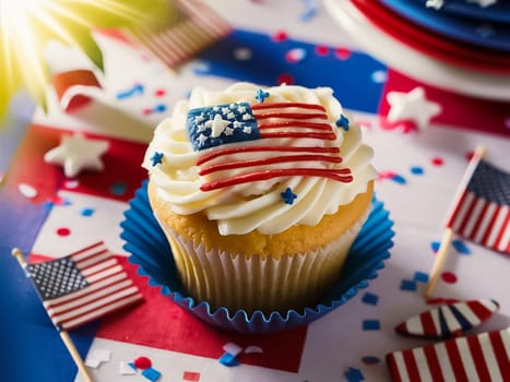 Patriotic Dessert Celebrate Independence Day with a Cupcake. Independence Day Cupcake Sweet Patriotic Celebration. 4th of July cupcake with flags and sprinkles. Cupcake. American Flag. US Holidays. Cake on 4th of July, Independence, Presidents Day. Tasty cupcakes with white cream icing and colored stars sprinkles. USA patriotism. Sweet dessert.﻿