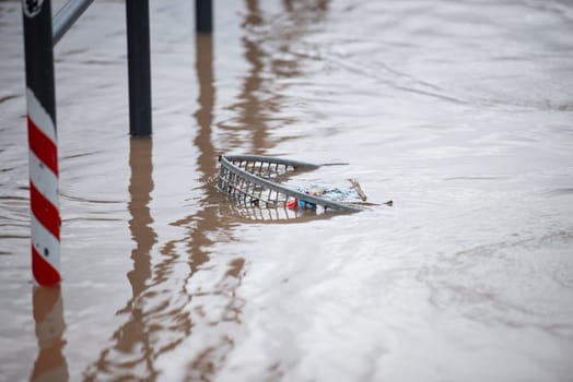 Flood of the river Moselle, Trier in Rhineland Palatinate, flooded garbage bin, high water level, dirt washed up on the shore