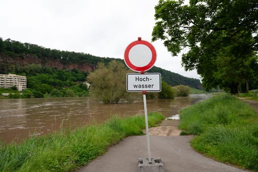Flood of the river Moselle, Trier in Rhineland Palatinate, flooded trees and paths, high water level, climate change