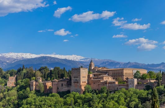 Alhambra palace with the snowy Sierra Nevada in the background, Granada, Andalusia, Spain