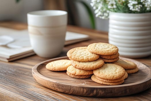 Tray with homemade cookies and cup of tea on the kitchen table in the morning. Home comfort.