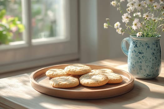 Tray with homemade cookies on table, home kitchen background, day light
