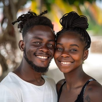 A smiling Haitian couple stands in a tropical setting, their happiness as bright as the sunny backdrop