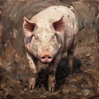 Realistic portrait of a spotted pig standing in mud, gazing forward with a curious and alert expression, showcasing the pig's natural habitat.