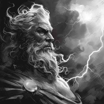 Dramatic black and white illustration of a mythological thunder god, his hair and beard flowing with the storm's fury
