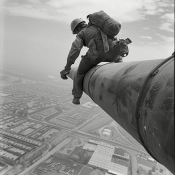 A worker in protective gear balances on a steel structure, performing skilled labor at a dizzying height above the city