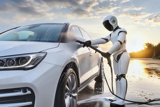 A white android robot washes a car with a hose with water pressure. Technological car wash.