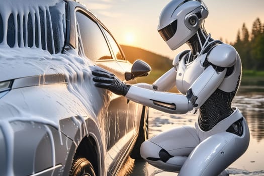 Humanoid robot washes car with active foam. The concept of gentle automatic washing.