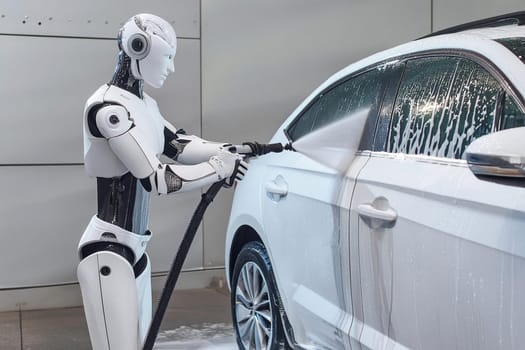 Robot car washer washes car at car wash from a hose with active foam water jet under pressure.