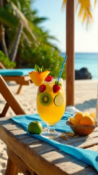 glass of refreshing drink with slices of fruit and decoration on a wooden beach table close-up, next to a sun lounger on a sandy beach, beautiful tropical beach in the background, sea, warm sunny day on a trip.