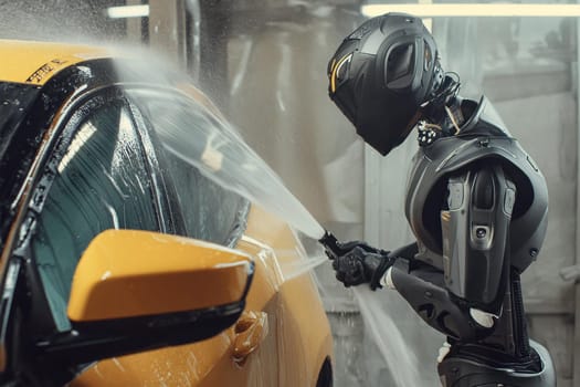 Robot washing car with hose at car wash.