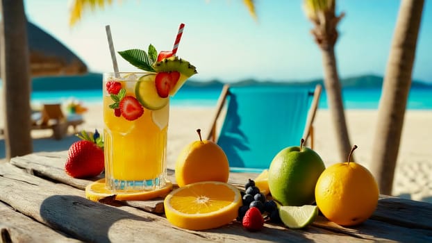 glass of refreshing drink with slices of fruit and decoration on a wooden beach table close-up, next to a sun lounger on a sandy beach, beautiful tropical beach in the background, sea, warm sunny day on a trip.
