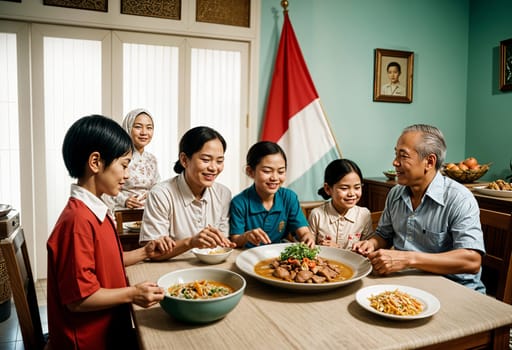 AI generated of a family eating together in front of a table with food celebrating pancasila day