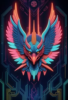 AI generated of a colorful bird with neon wings on a black background with futuristic colorful design