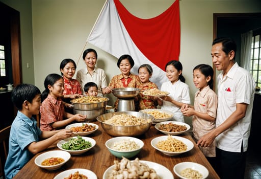AI generated of family celebrating pancasila day at home with indonesian flag on the wall