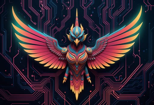 AI generated of a colorful garuda bird with wings on a circuit board