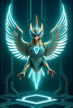 AI generated of a garuda bird with glowing wings and glowing futuristic background design