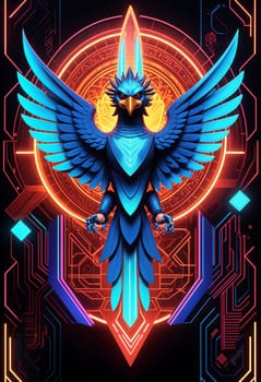 AI generated of a neon bird with a glowing blue and orange futuristic background design