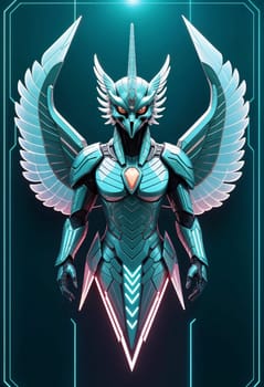 AI generated of the futuristic garuda bird character is shown with wings and a blue and pink background