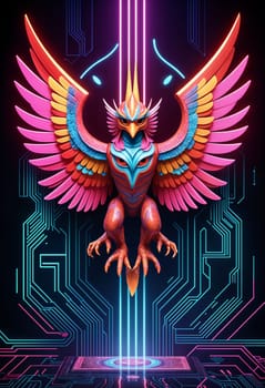 AI generated of a colorful garuda bird with neon wings on a circuit board