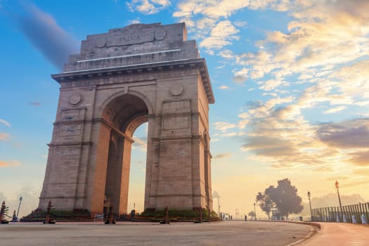India Gate at sunrise side view, Rajpath, New Dehli, India.