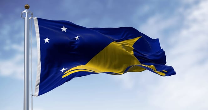 Flag of Tokelau waving in the wind on a clear day. Group of three atolls in the South Pacific, is a non-self-governing territory administered by New Zealand. 3d illustration render. Rippling fabric