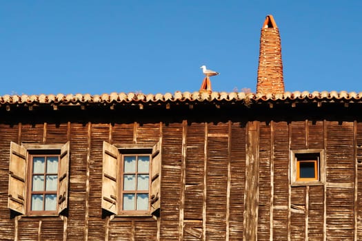 Seagull sitting on the roof of a traditional house with a wooden facade in the old town of Sozopol, Sosopol a coastal town at the black sea Bulgaria 2022