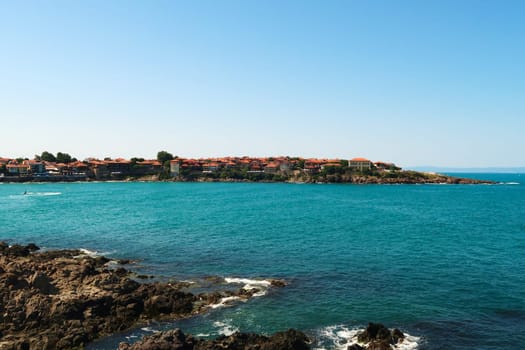 Spectacular view onto the peninsula of the old town of Sozopol, Sosopol, surrounded by the intense turquoise blue water of the black sea, Bulgaria 2022